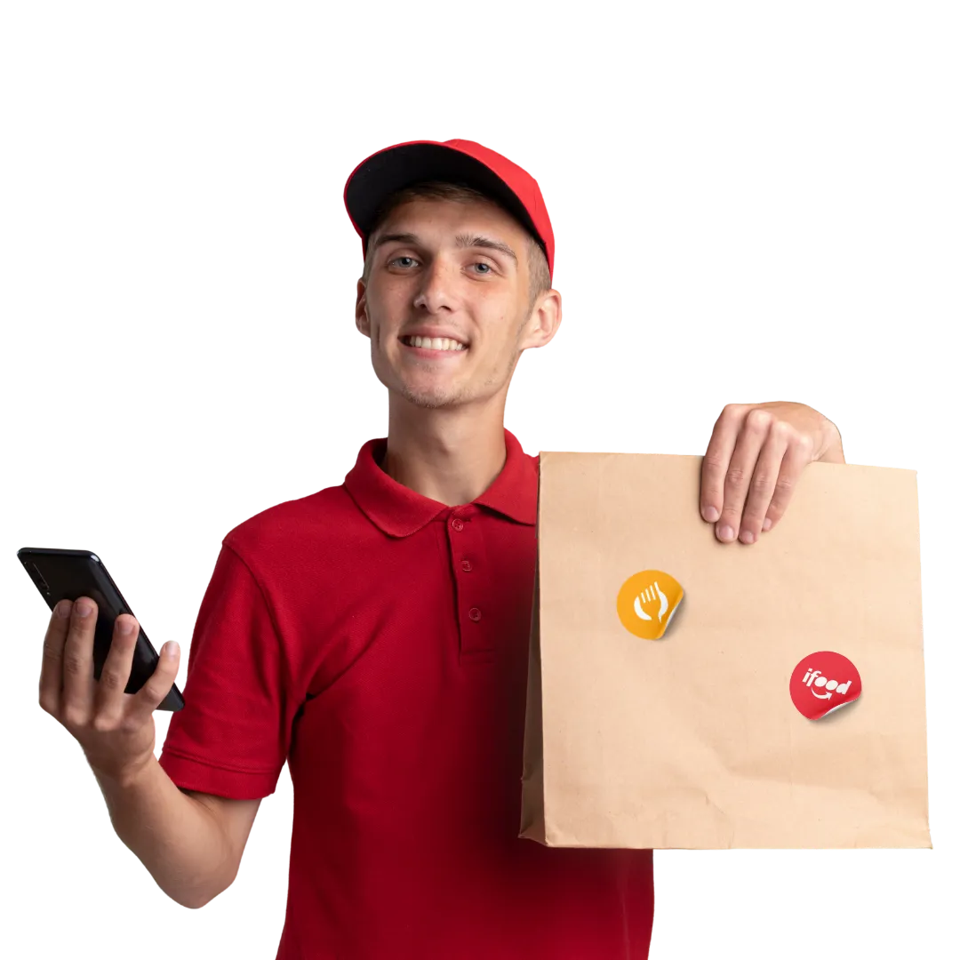 Maquininha fiscal moderna com tela do CNM exibindo valores e formas de pagamento; ao lado, nota NFC-e com itens vendidos e QR Code.