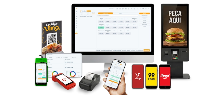 Dashboard completo do sistema ControleNaMão exibindo PDV, relatórios de vendas, gestão de estoque e integrações com delivery