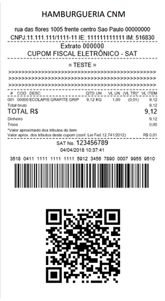 Cupom fiscal eletrônico SAT emitido por hamburgueria usando CNM, com produtos, valor total, impostos e QR Code visível no rodapé.