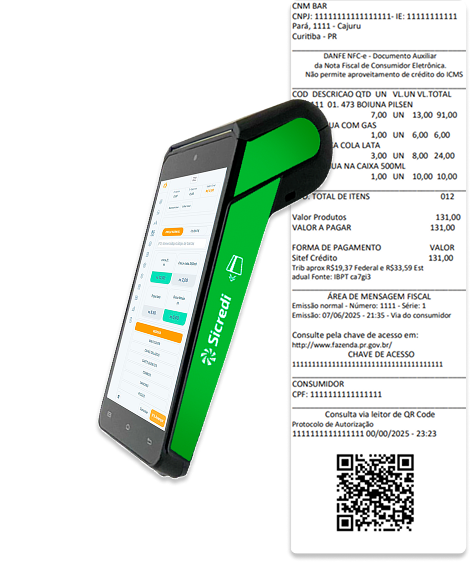 Maquininha fiscal moderna com tela do CNM exibindo valores e formas de pagamento; ao lado, nota NFC-e com itens vendidos e QR Code.