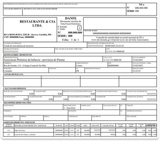Modelo completo de nota fiscal eletrônica (NF-e) no padrão DANFE, com todos os campos preenchidos, emitida pelo sistema CNM.