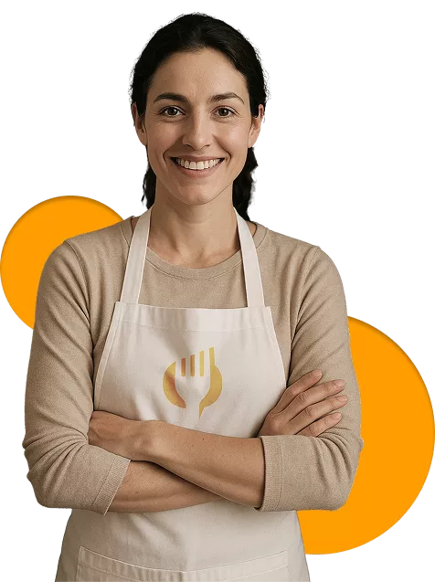Mulher com avental sorrindo de braços cruzados, representando a confiança de quem gerencia sua cafeteria com apoio de um sistema completo e personalizado.